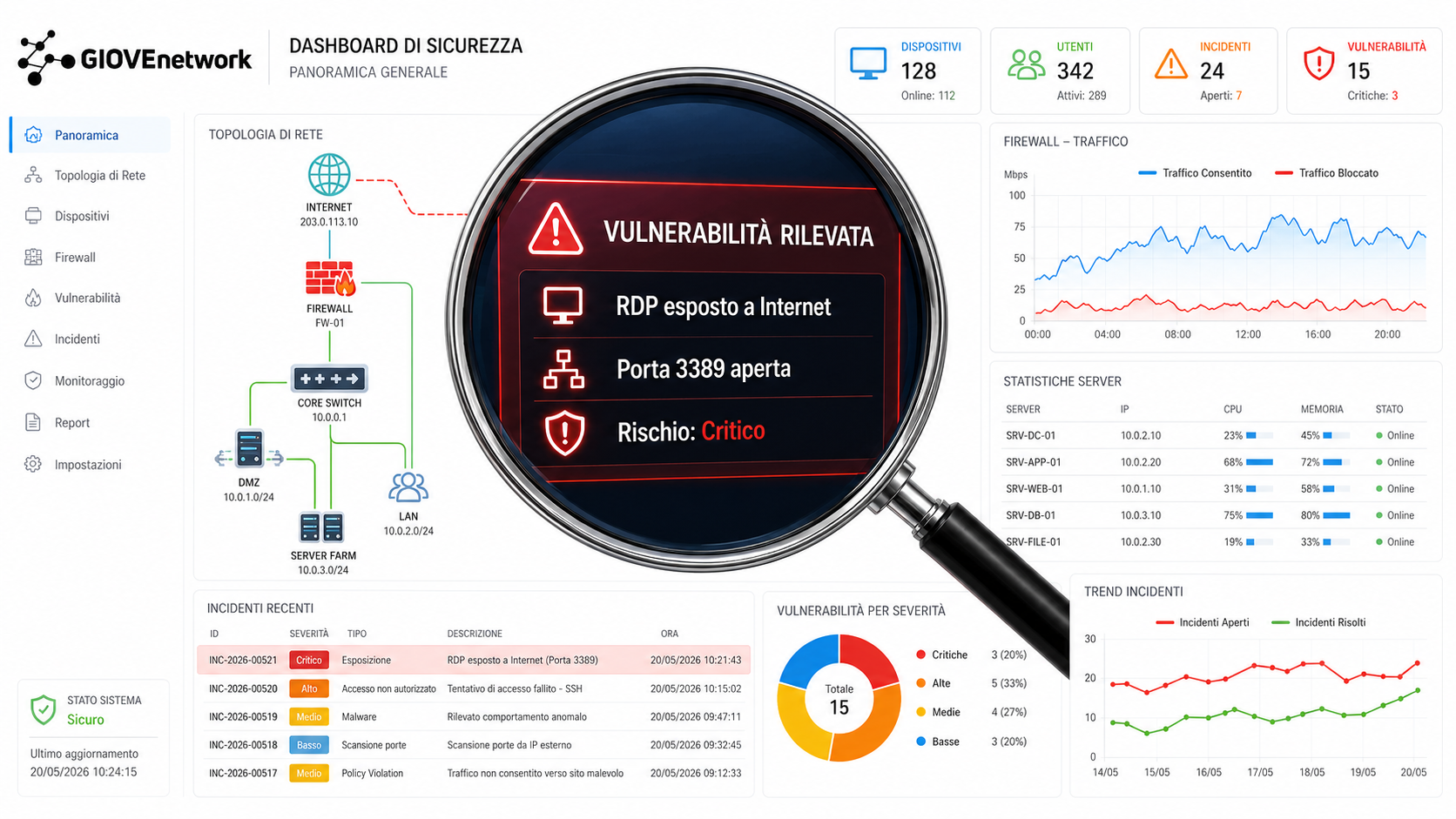 Dashboard di sicurezza con vulnerabilit&agrave; rilevata e indicatori di rischio